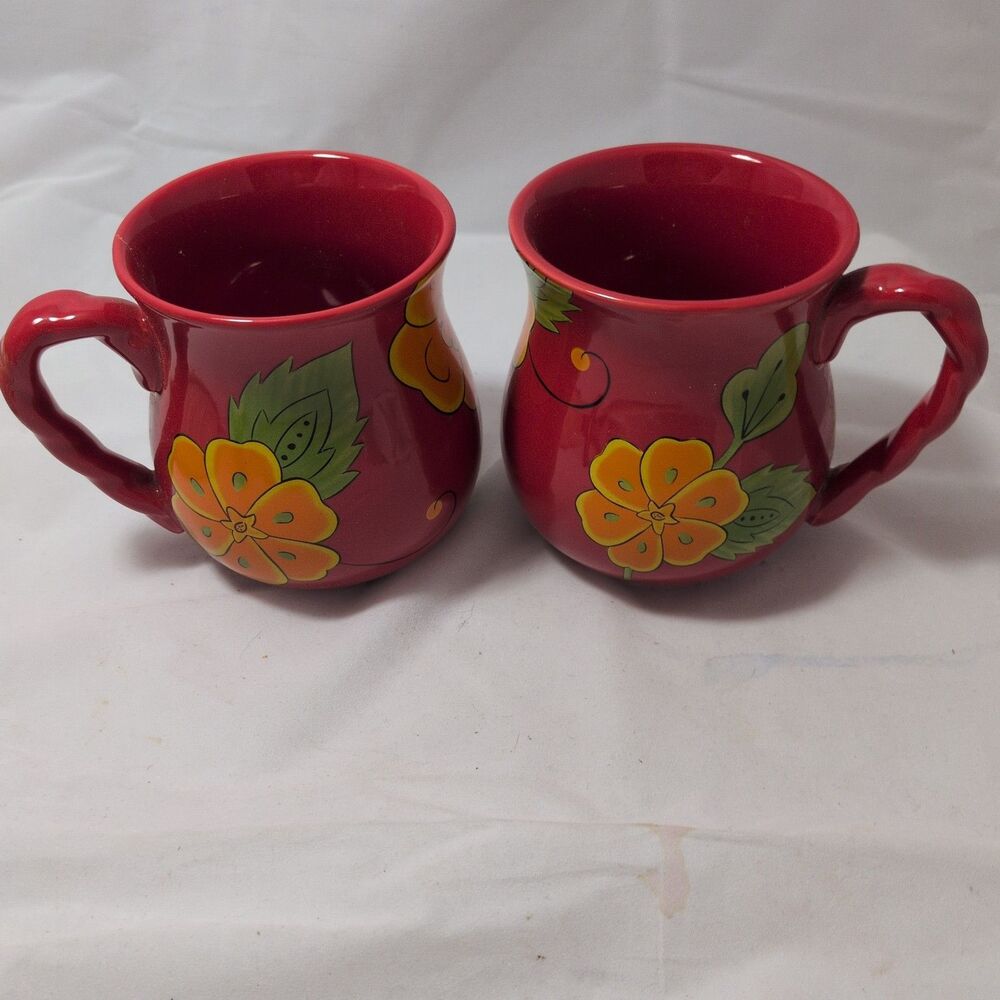 Temp-tations Tara Poppy Passion Red Floral 16 oz Mug Lot of 2 Coffee Tea Cups